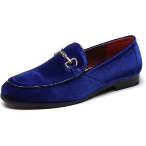 LCQL Mens Size 13 Blue Velvet Gold Buckle Slip On Low Heel Regal Loafer Shoes